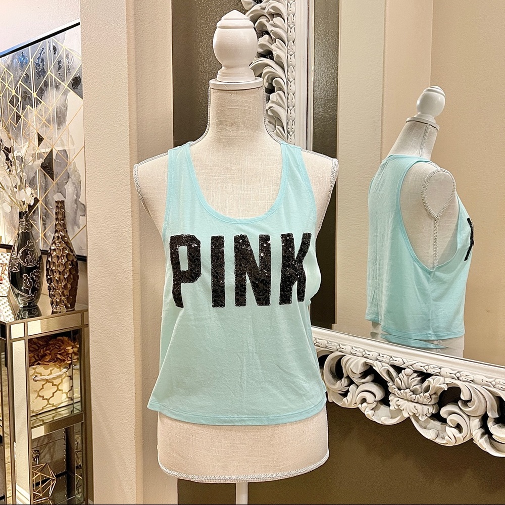 PINK Victoria’s Secret Light Blue with Black Sequins MUSCLE TEE TANK TOP XS
